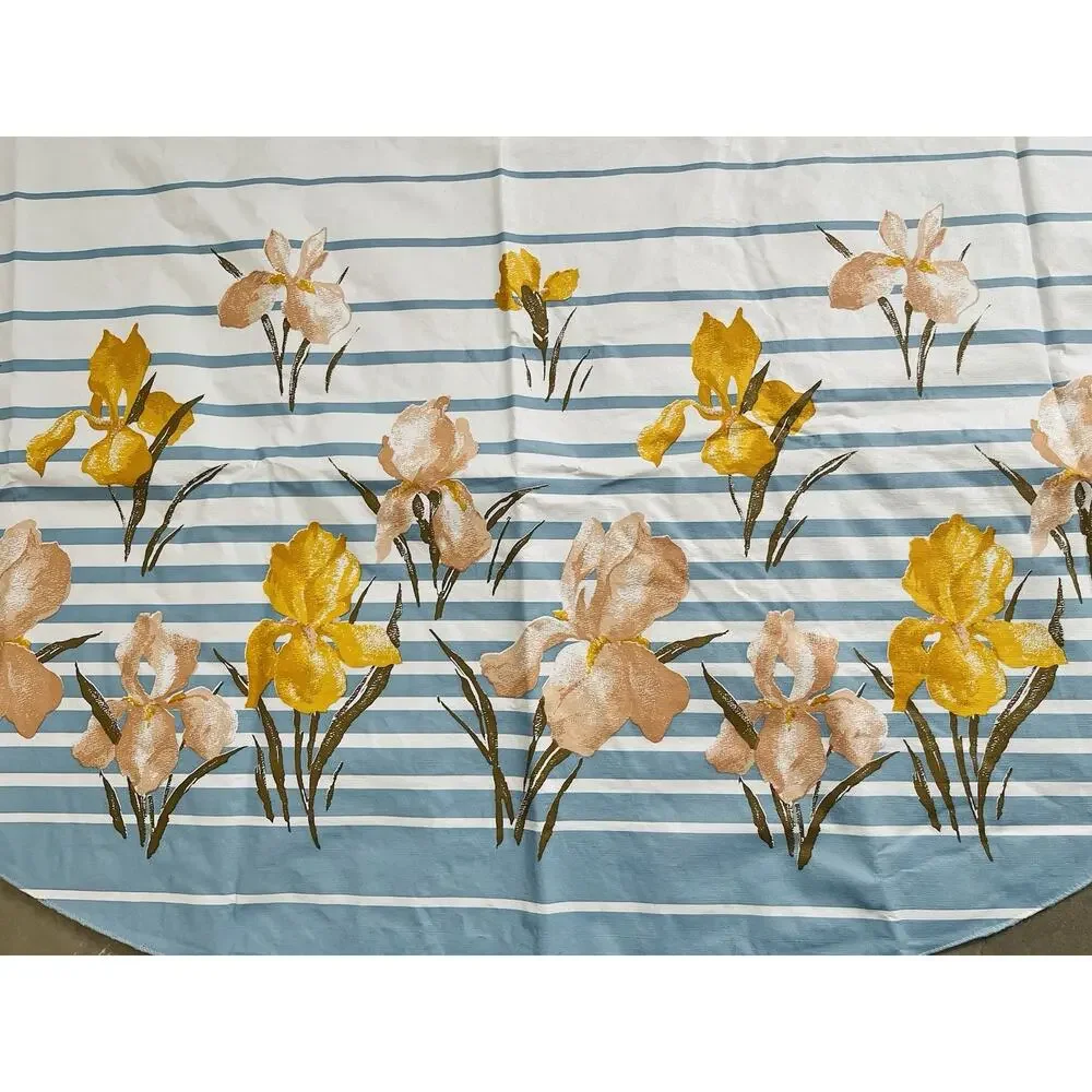 Vinyl Flannel Back Tablecloth Round IRIS FLOWER Yellow Pink Blue Stripes Vintage